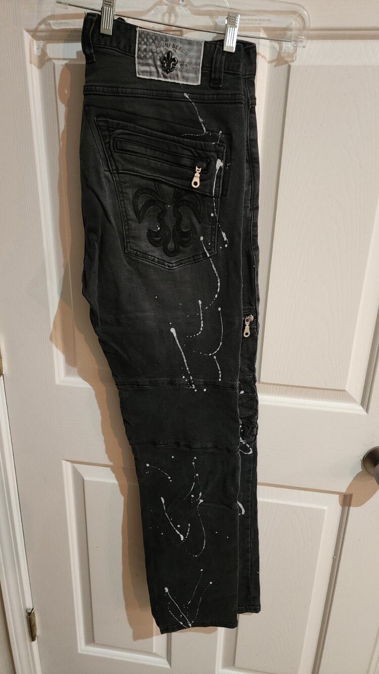 Laguna Beach Jeans Co Men 36 Black Moto Biker Paint Splatter Fleur De Lis